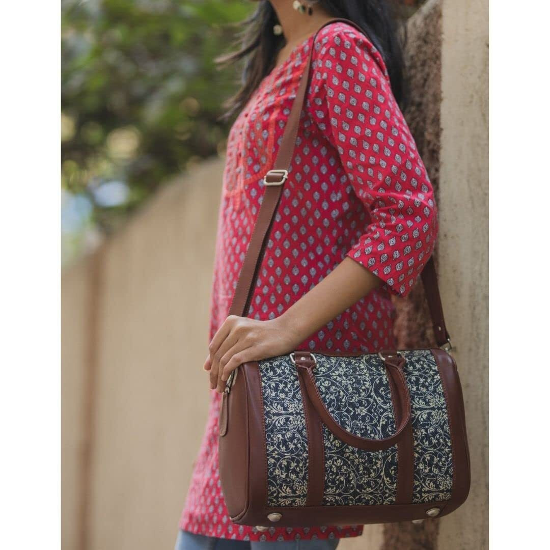 Zouk Navy Blue Graphic Printed Vegan Leather Handmade Women's Handbags With Double Handles And Detachable Sling Strap - Lattice Lace