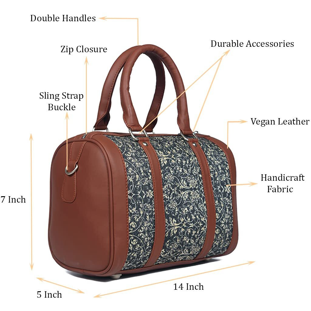 Zouk Navy Blue Graphic Printed Vegan Leather Handmade Women's Handbags With Double Handles And Detachable Sling Strap - Lattice Lace
