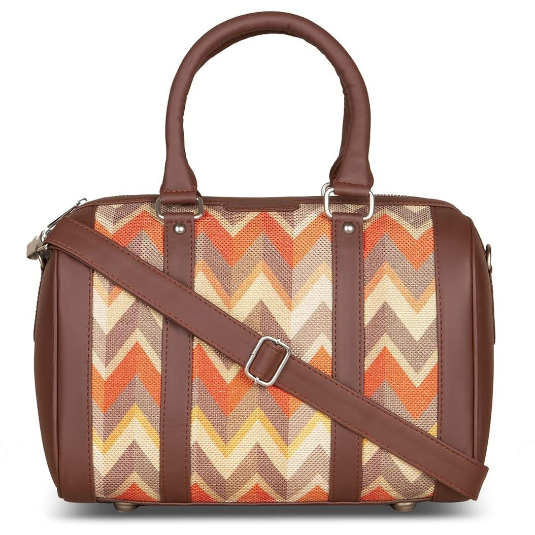 Zouk Orange Wave Printed Vegan Leather Handmade Women's Handbags With Double Handles And Detachable Sling Strap - Tidalwave