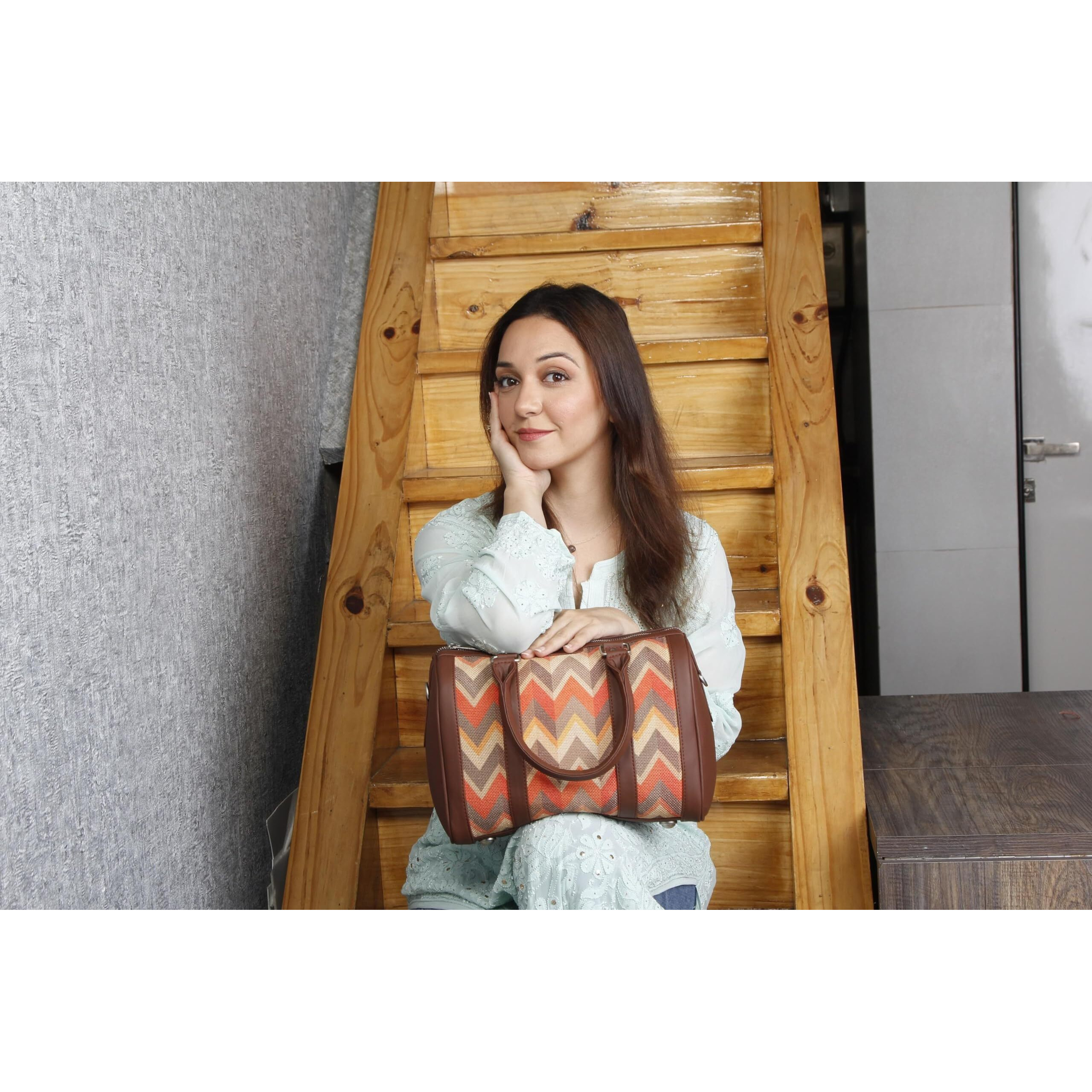 Zouk Orange Wave Printed Vegan Leather Handmade Women's Handbags With Double Handles And Detachable Sling Strap - Tidalwave