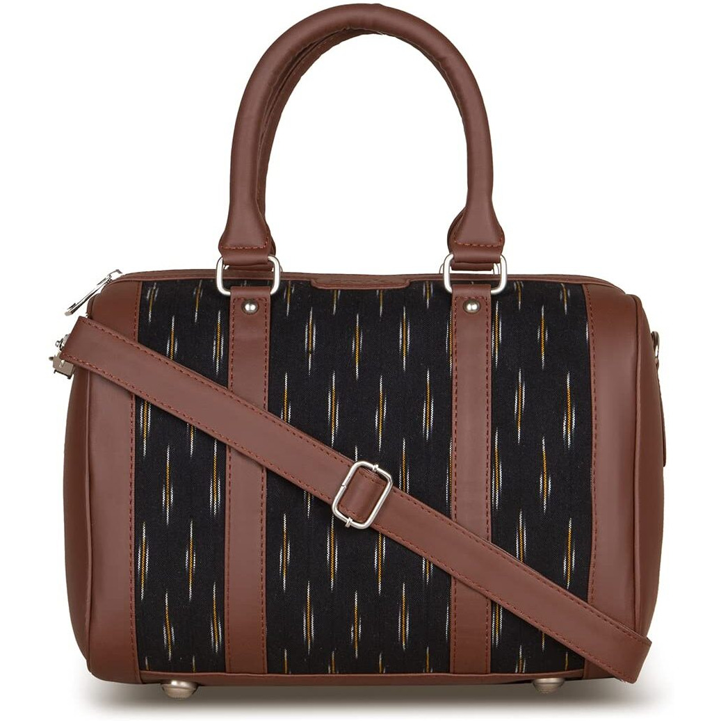 Zouk Black Ikkat And Vegan Leather Handmade Women's Handbags With Double Handles And Detachable Sling Strap - Grere