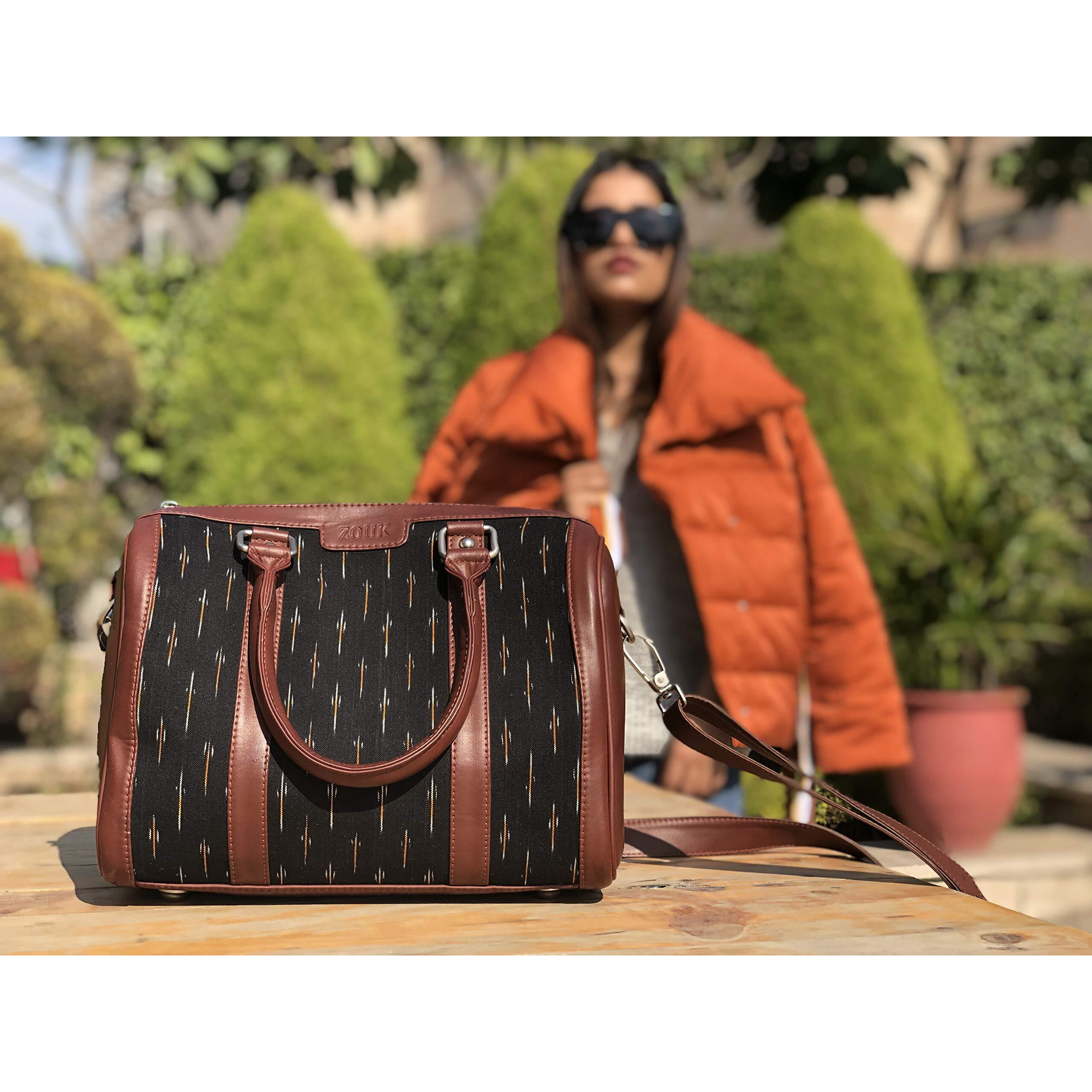 Zouk Black Ikkat And Vegan Leather Handmade Women's Handbags With Double Handles And Detachable Sling Strap - Grere