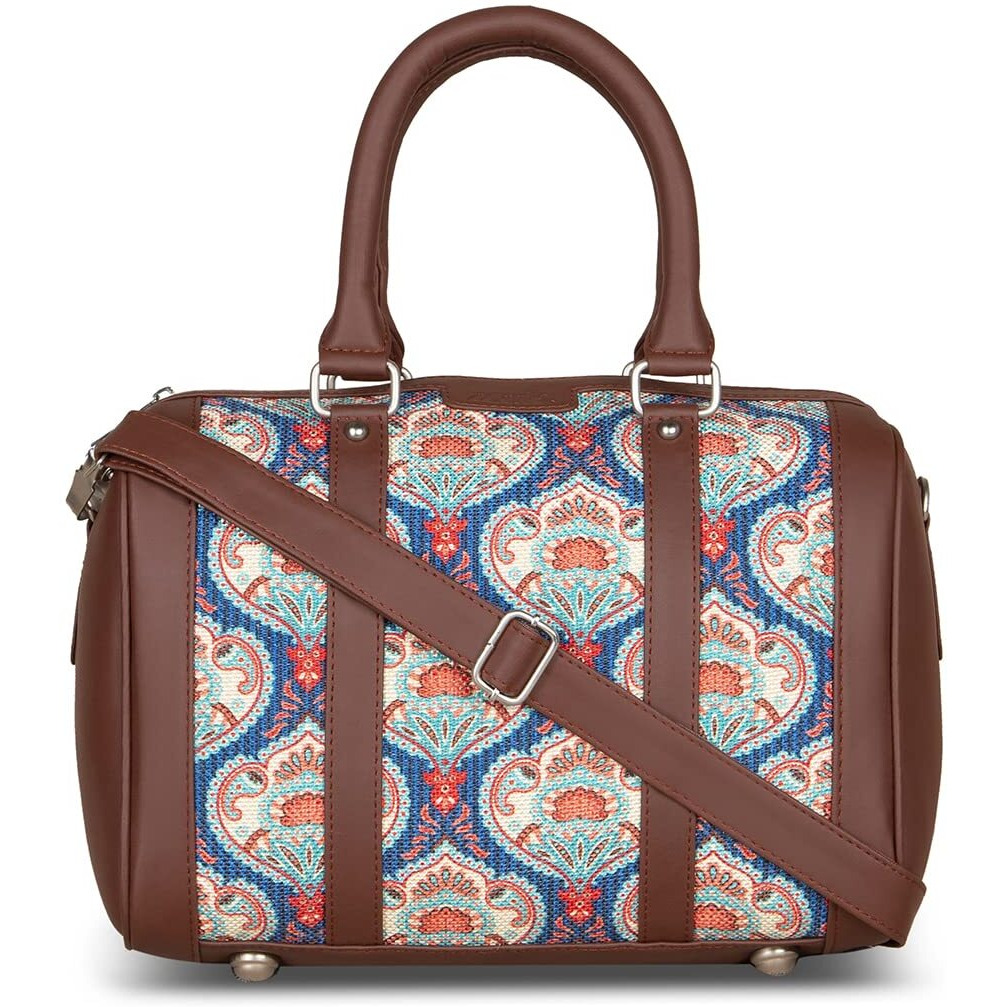 Zouk Printed Vegan Leather Handmade Women's Handbags With Double Handles And Detachable Sling Strap - Kovil Blue