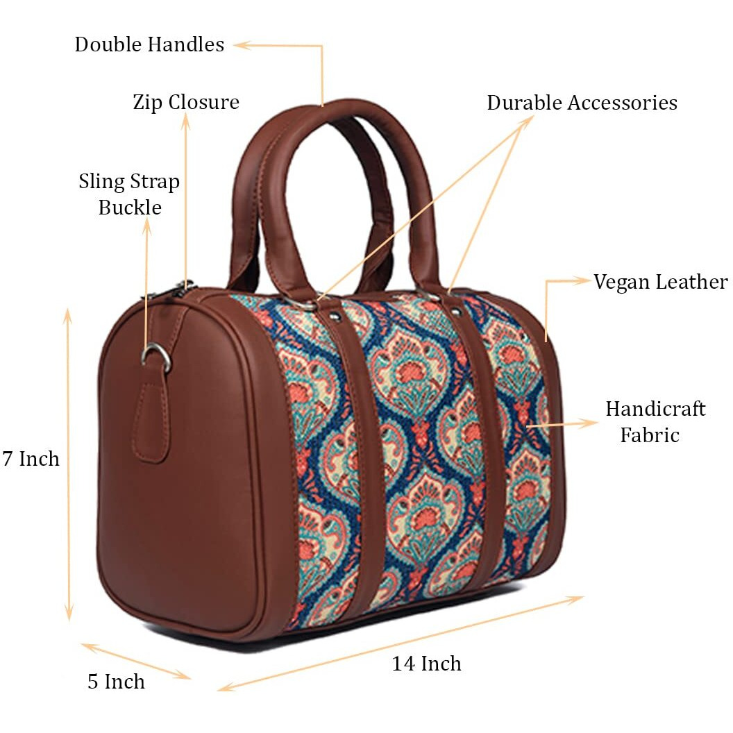 Zouk Printed Vegan Leather Handmade Women's Handbags With Double Handles And Detachable Sling Strap - Kovil Blue