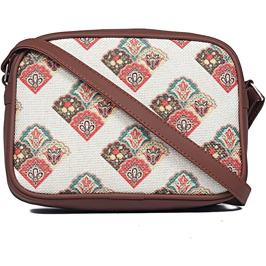 Zouk Handmade Vegan Leather Seashell Motif White Print Women's Sling Bags With Adjustable Shoulder Strap