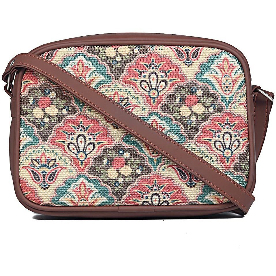 Zouk Handmade Vegan Leather Mughal Art Multicolor Print Women's Sling Bags With Adjustable Shoulder Strap