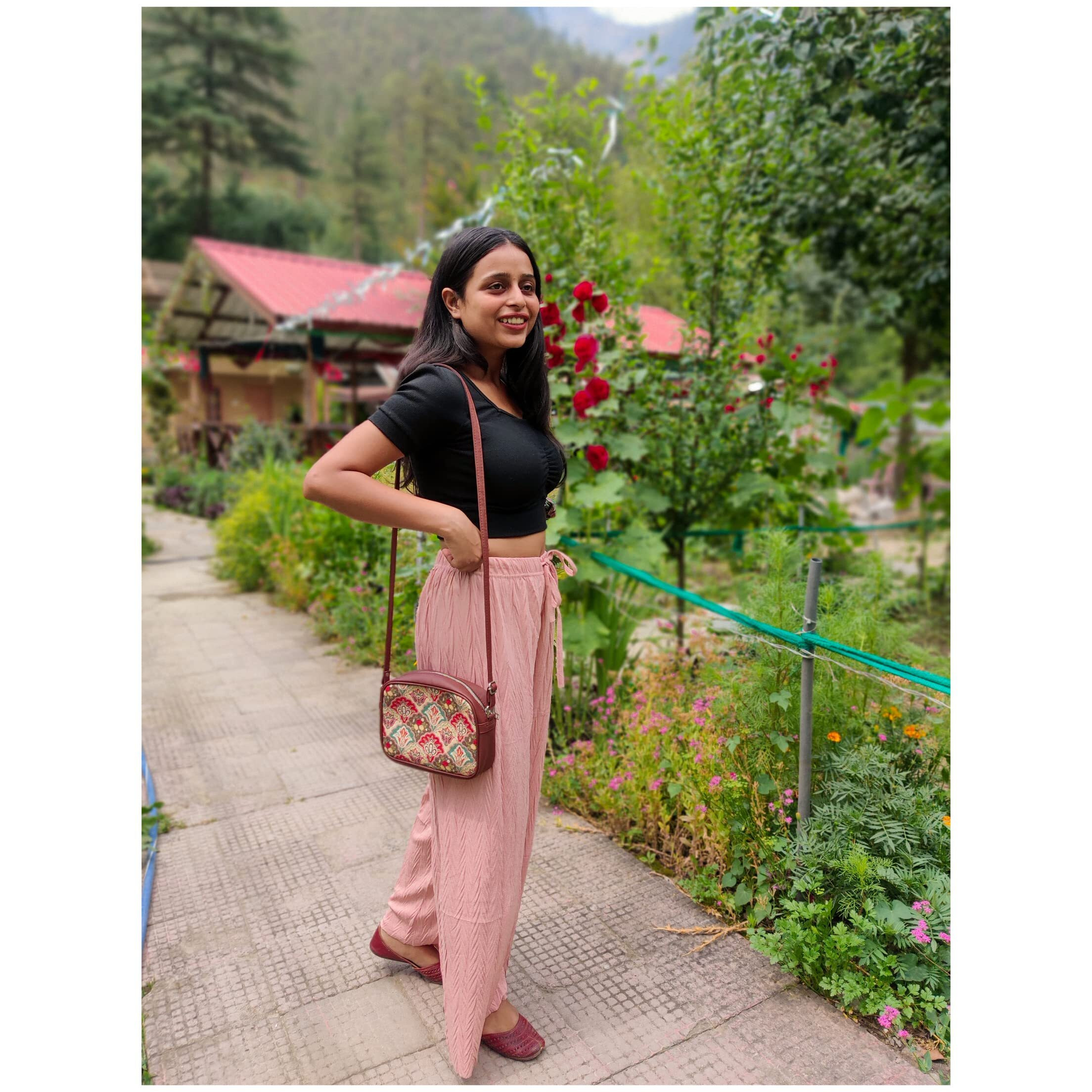 Zouk Handmade Vegan Leather Mughal Art Multicolor Print Women's Sling Bags With Adjustable Shoulder Strap