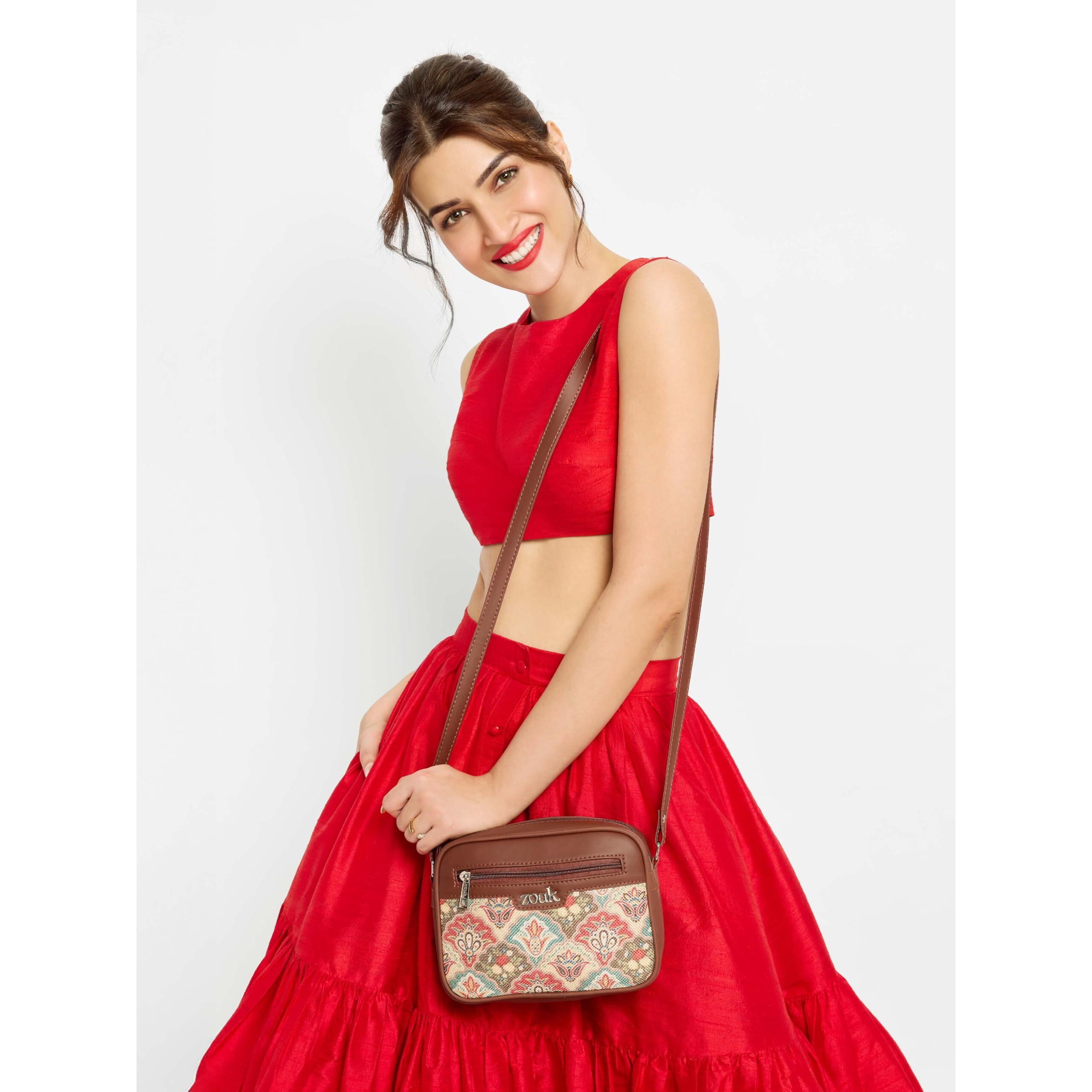 Zouk Handmade Vegan Leather Mughal Art Multicolor Print Women's Sling Bags With Adjustable Shoulder Strap