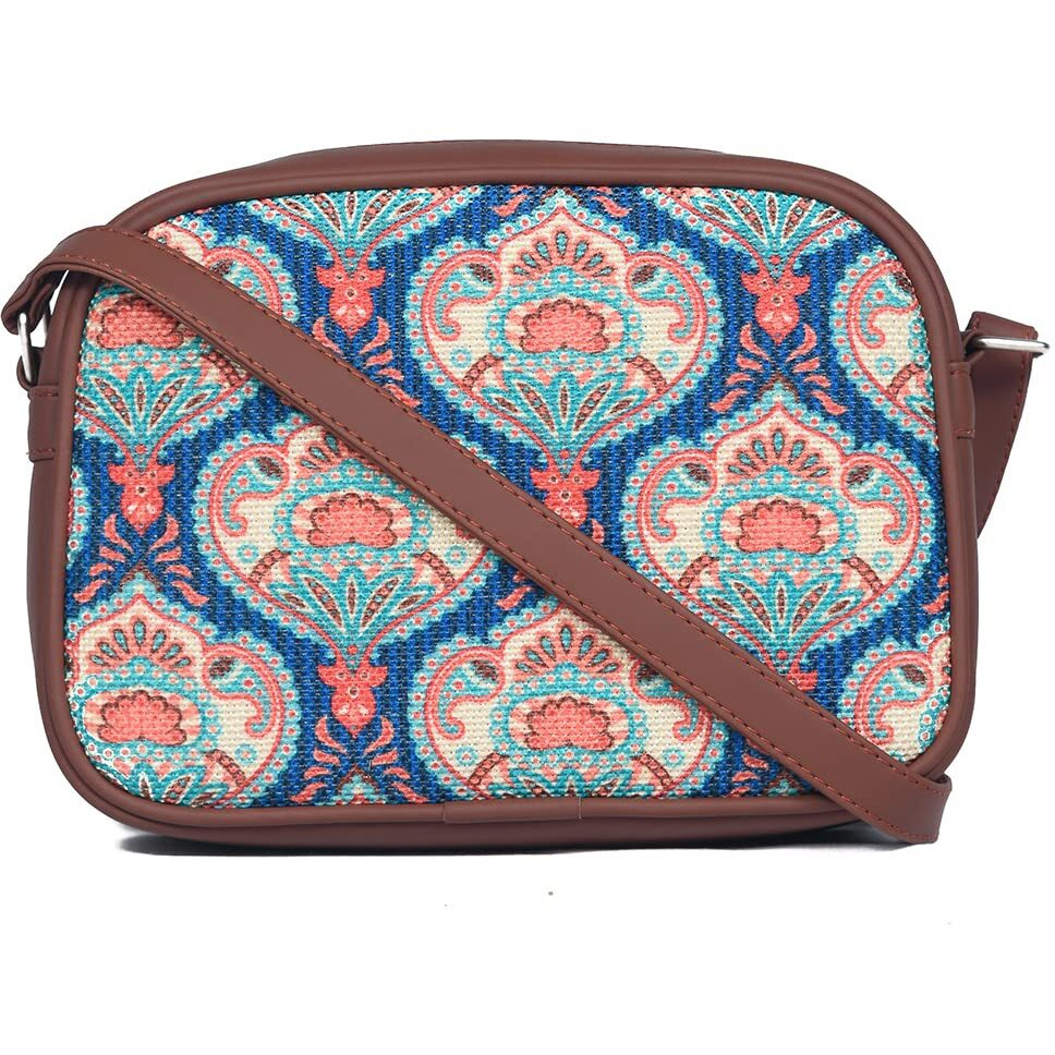 Zouk Handmade Vegan Leather Kovil Blue Print Women's Sling Bags With Adjustable Shoulder Strap
