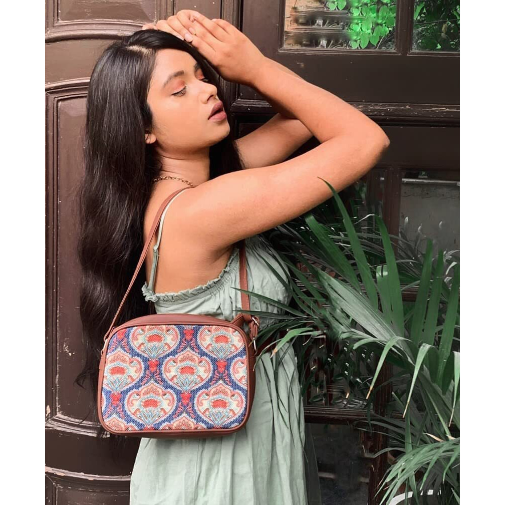 Zouk Handmade Vegan Leather Kovil Blue Print Women's Sling Bags With Adjustable Shoulder Strap