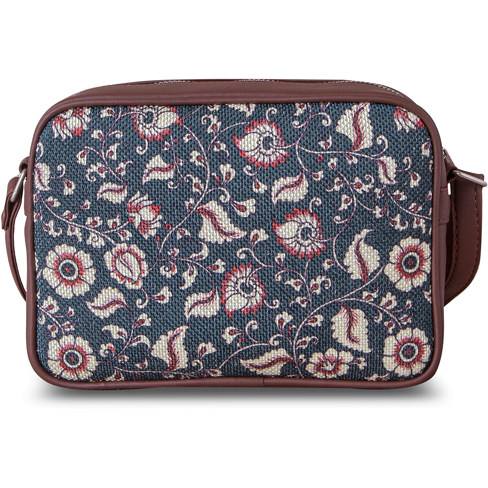 Zouk Handmade Vegan Leather Chittoor Blue Kalamkari Print Women's Sling Bags With Adjustable Shoulder Strap