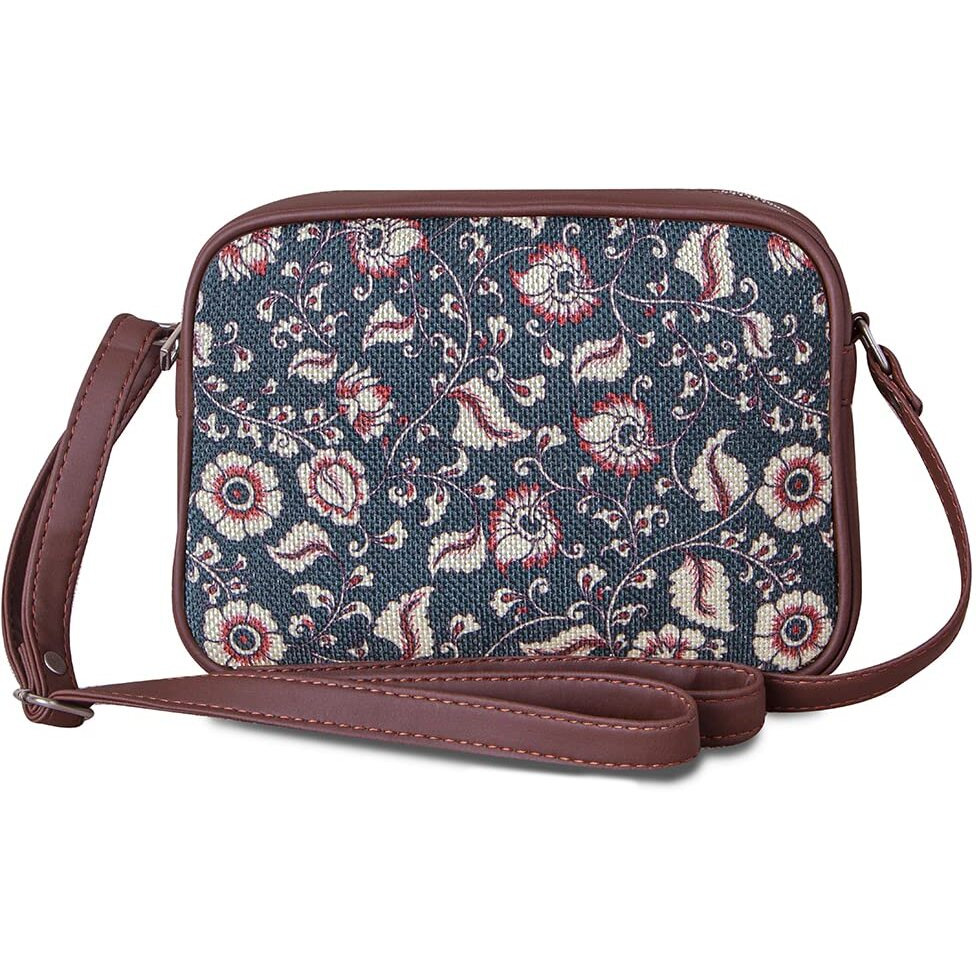 Zouk Handmade Vegan Leather Chittoor Blue Kalamkari Print Women's Sling Bags With Adjustable Shoulder Strap