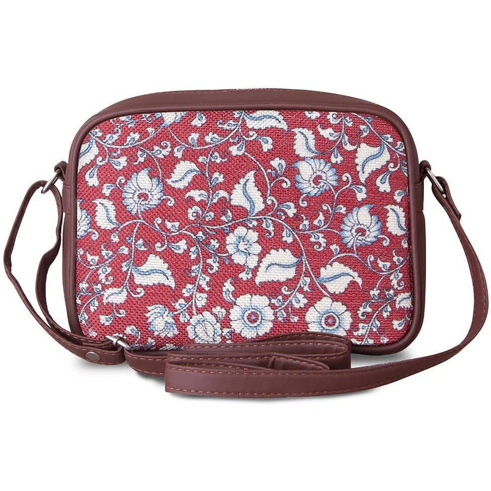 Zouk Handmade Vegan Leather Chittoor Red Kalamkari Print Women's Sling Bags With Adjustable Shoulder Strap