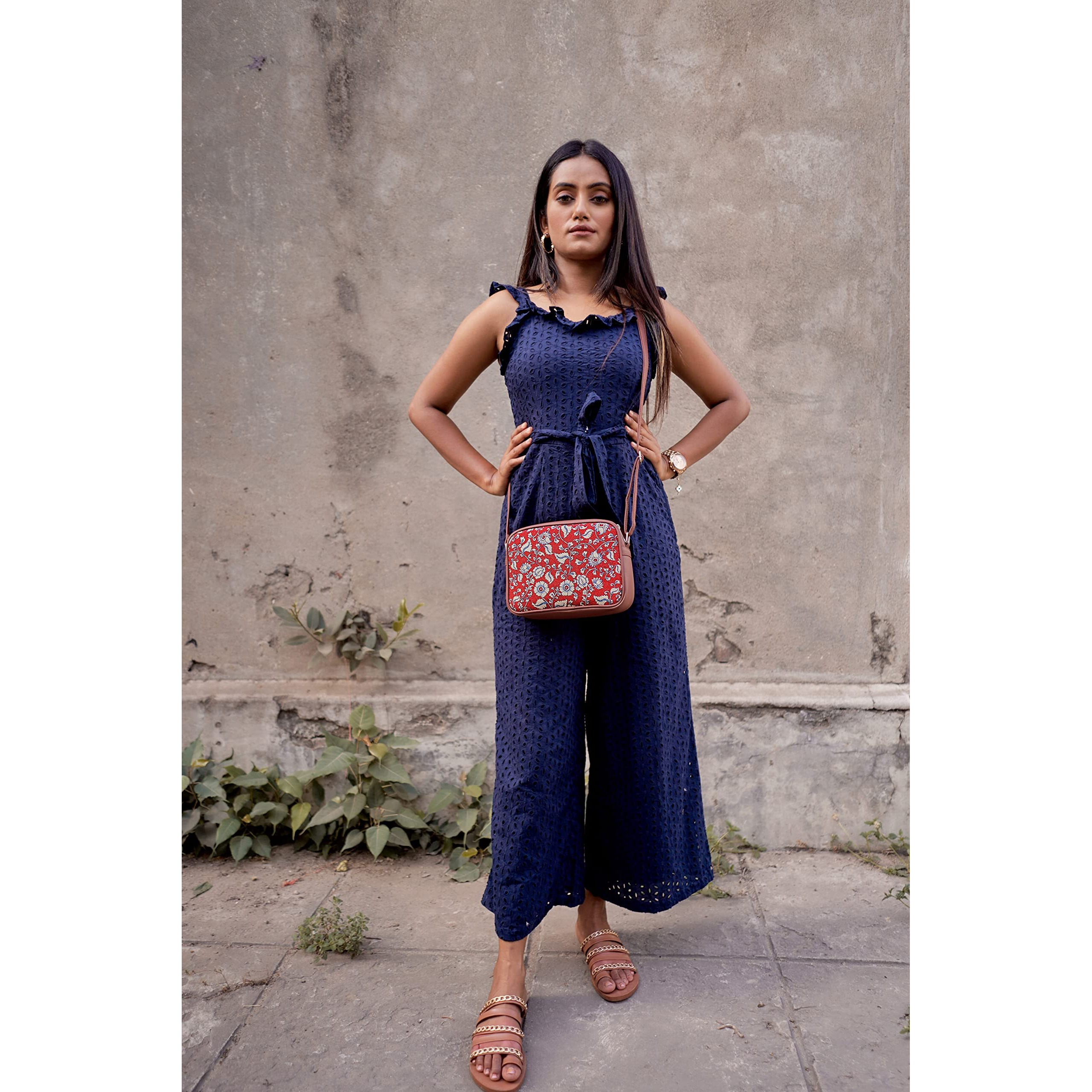 Zouk Handmade Vegan Leather Chittoor Red Kalamkari Print Women's Sling Bags With Adjustable Shoulder Strap