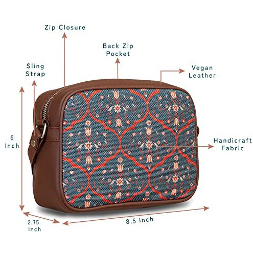 Zouk Handmade Vegan Leather Sheesh Mahal Jaali Motif Print Women's Sling Bags With Adjustable Shoulder Strap