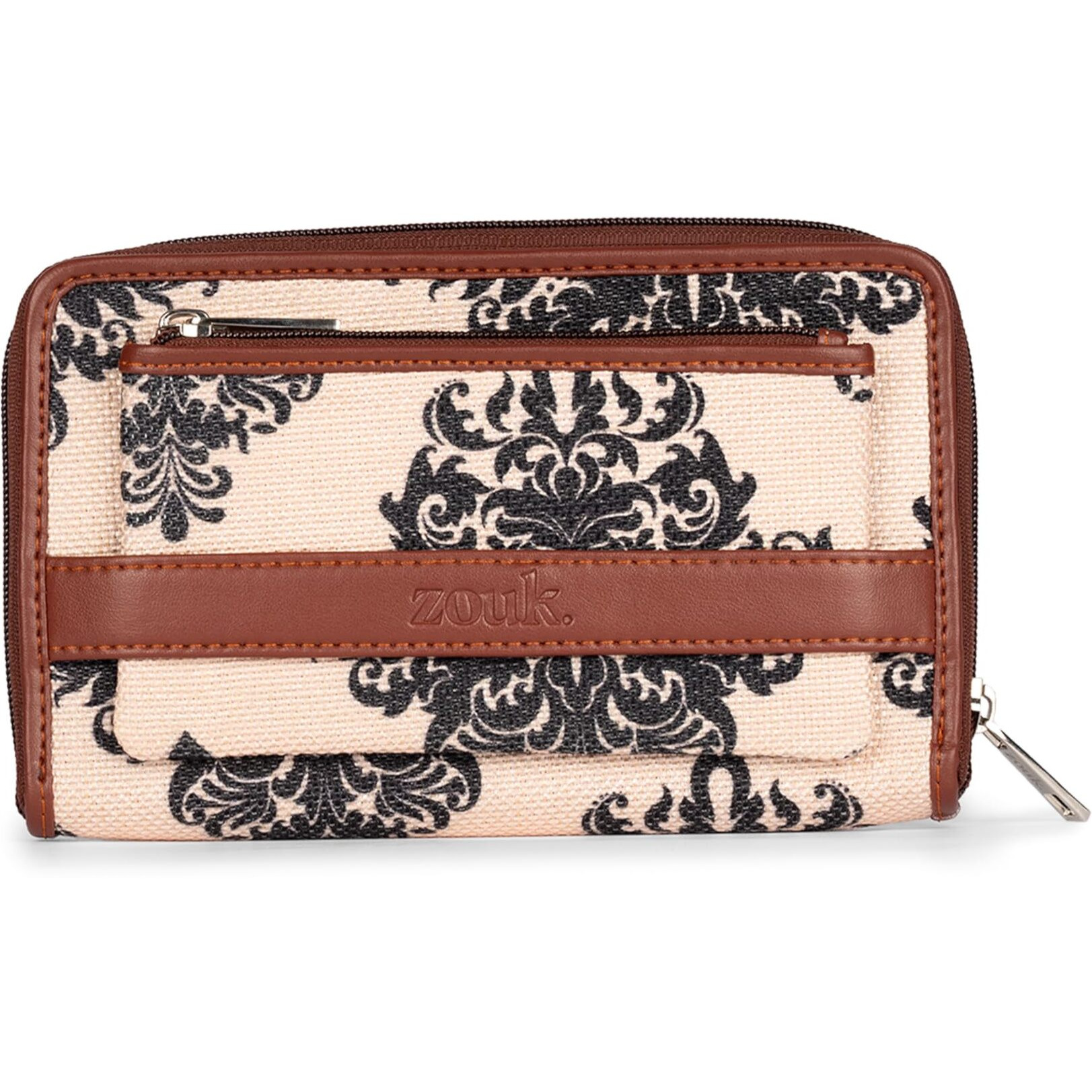 Zouk Fabric Handmade Classic Vegan Leather And Jute With Mobile Phone Pocket Mughal Motif Print Women's Wallet (Multicolour)