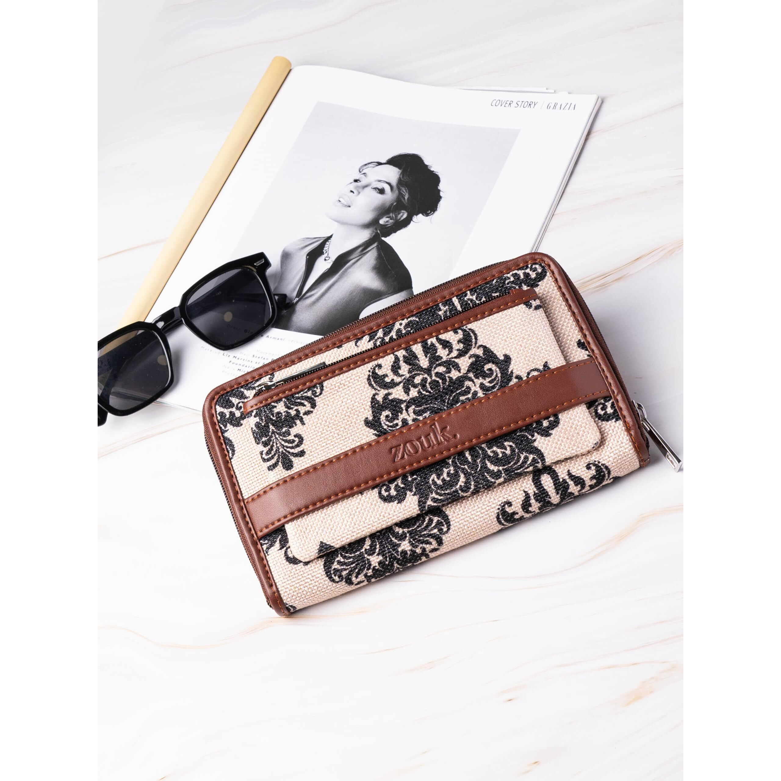 Zouk Fabric Handmade Classic Vegan Leather And Jute With Mobile Phone Pocket Mughal Motif Print Women's Wallet (Multicolour)