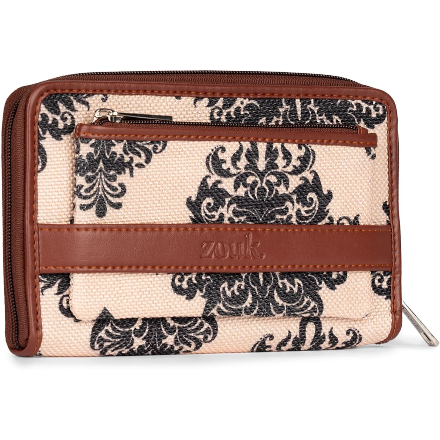 Zouk Fabric Handmade Classic Vegan Leather And Jute With Mobile Phone Pocket Mughal Motif Print Women's Wallet (Multicolour)