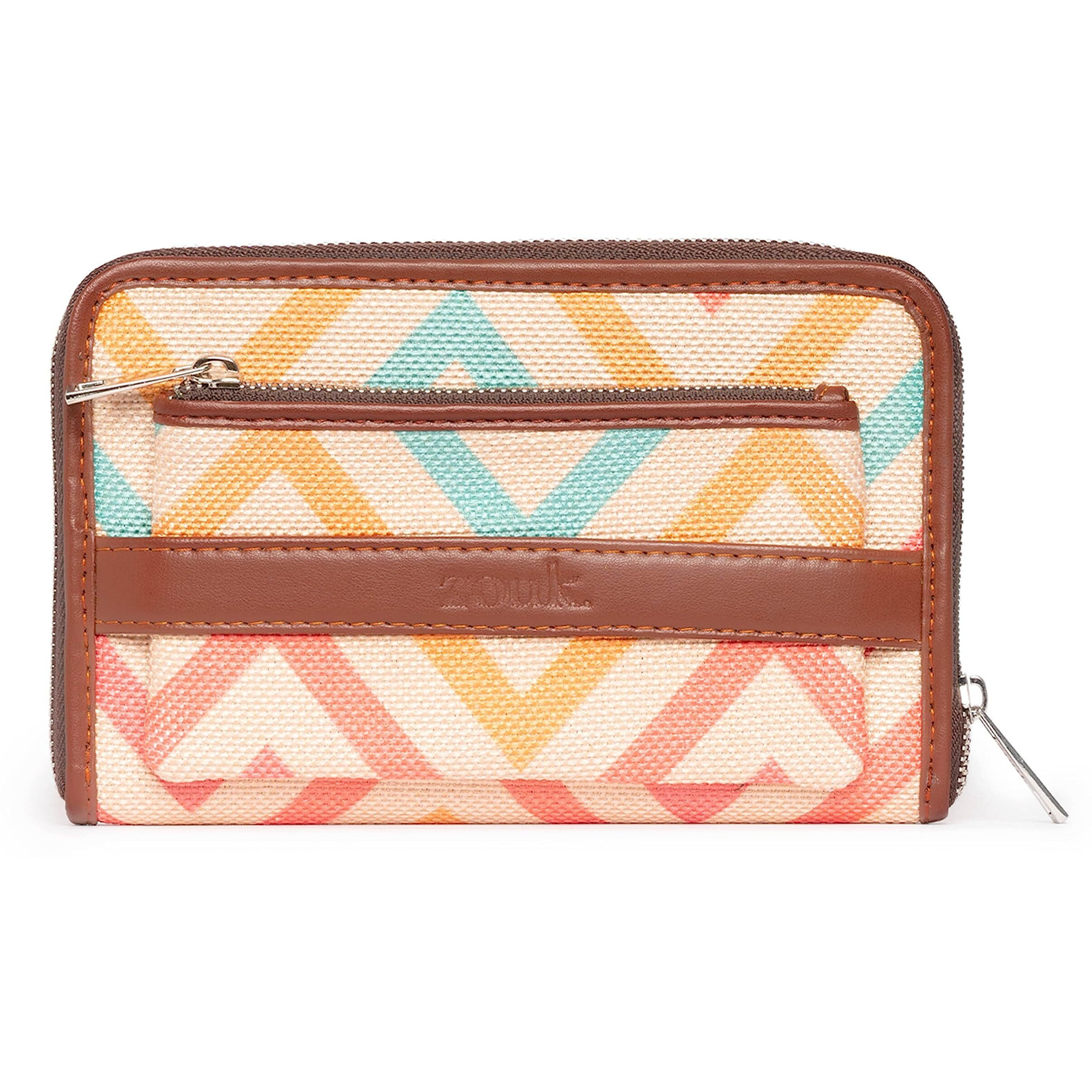 Zouk Women's Vegan Leather And Jute Wav Beach Print Handmade Classic Wallet With Mobile Phone Pocket - Multicolour