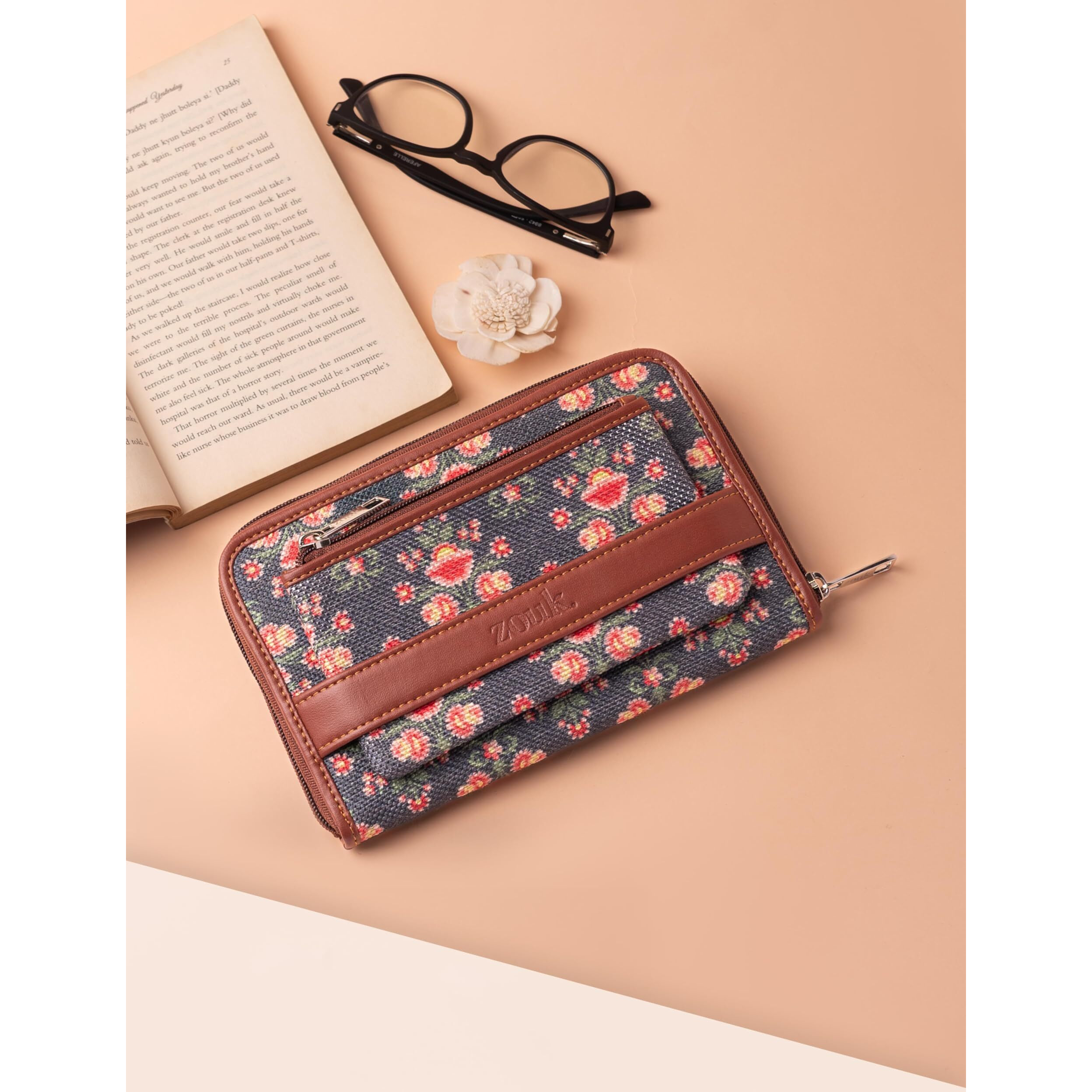Zouk Women's Vegan Leather And Jute Handmade Classic Wallets With Mobile Phone Pocket (Multicolour)