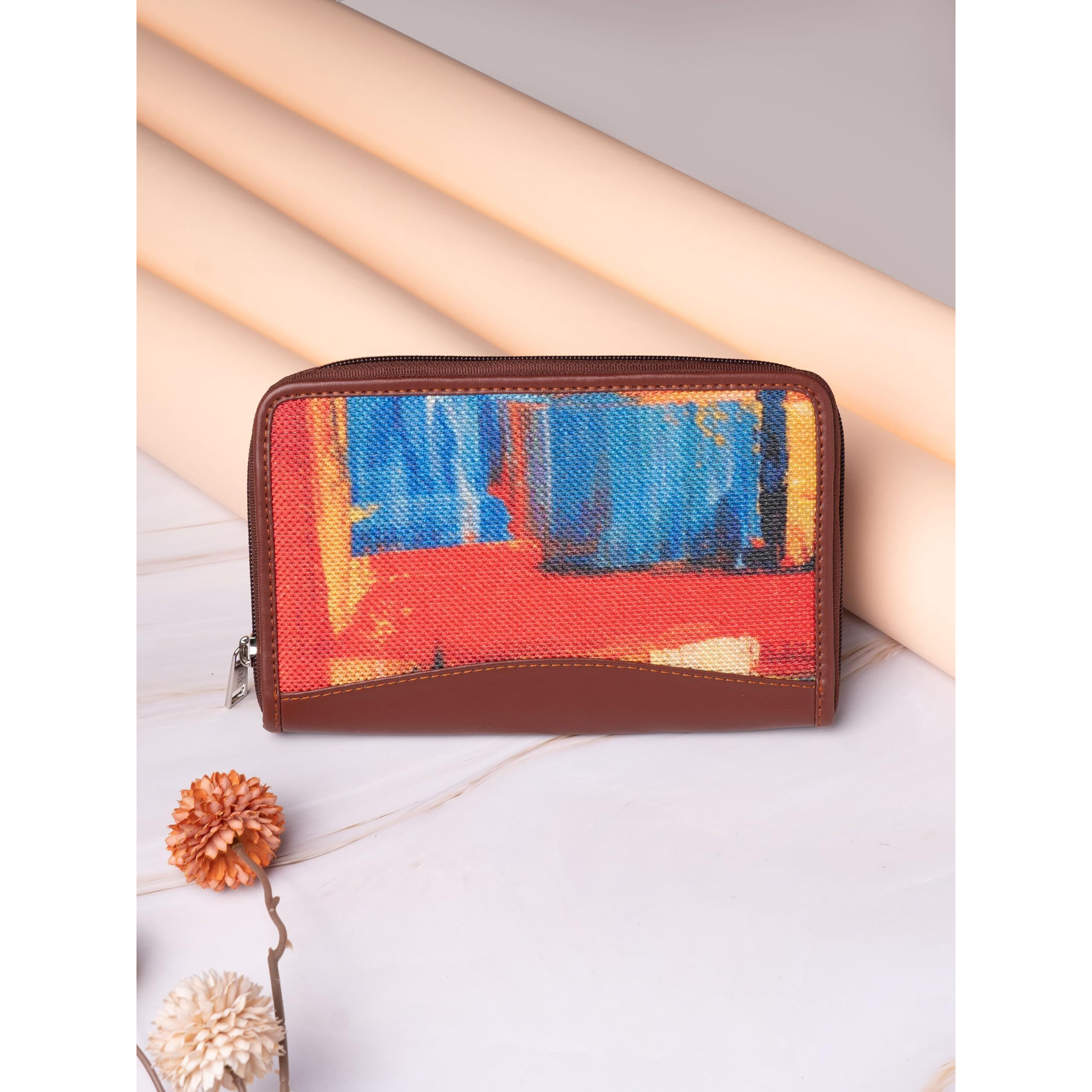 Zouk Women's Handmade Vegan Leather And Jute Purse With Indian Abstract Amaze Print For Mobile Phones (Multicolor)