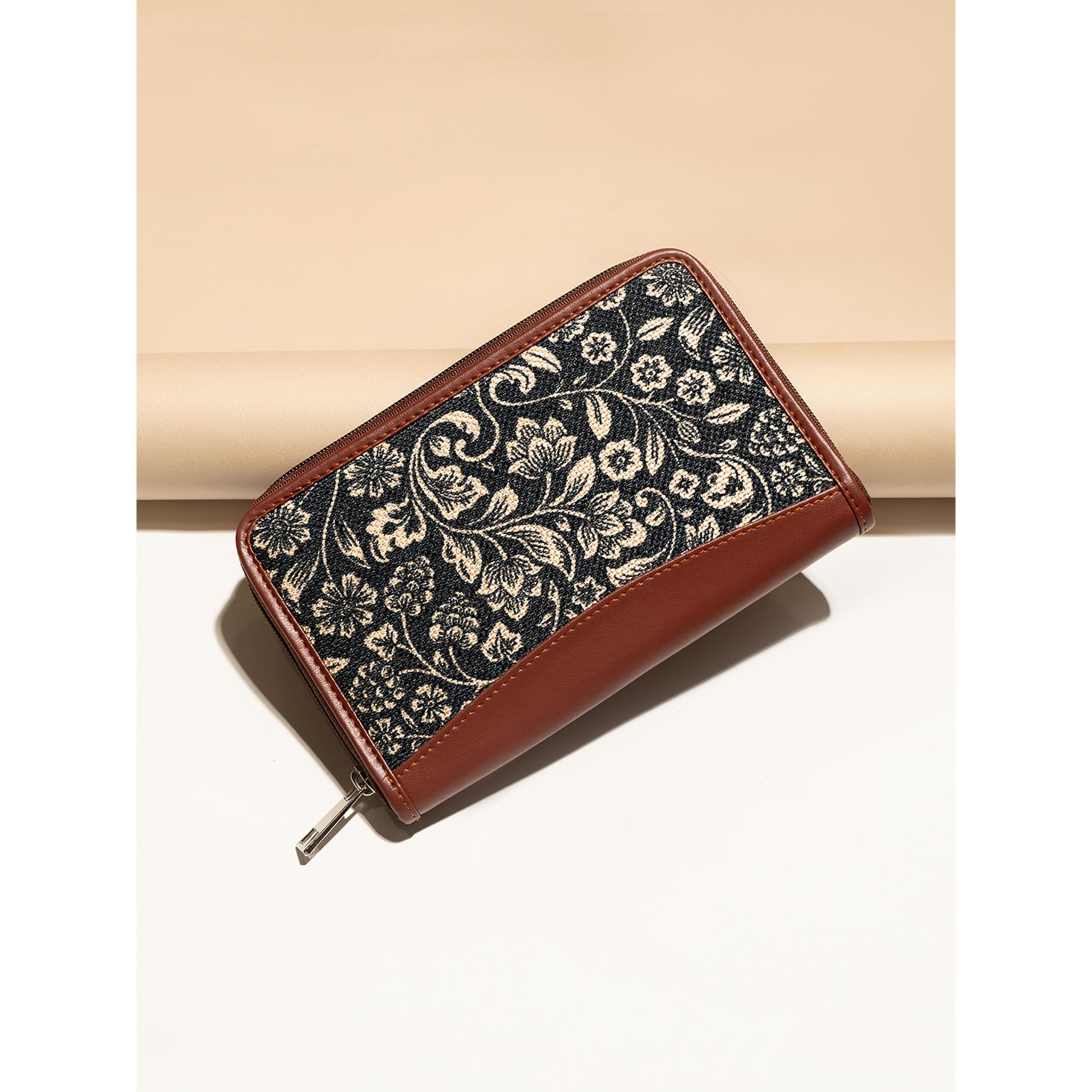 Zouk Women's Flomotif Print Handmade Vegan Leather Wallets And Jute Purse For Ladies - Clutch With Indian Print - Wallets For Mobile Phones (Multicolour)