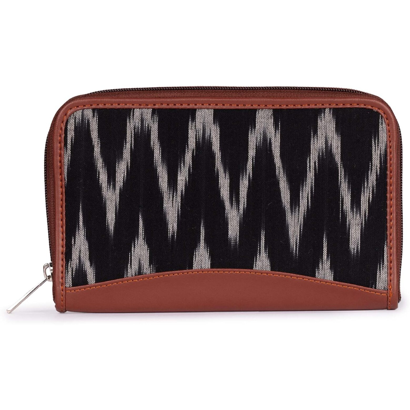 Zouk Ikat Wallets For Women - Handmade Wallets For Females - Vegan Leather And Ikat Purse For Ladies - Clutch With Indian Print - Wallets For Mobile Phones - Ikat Wave Print, Black