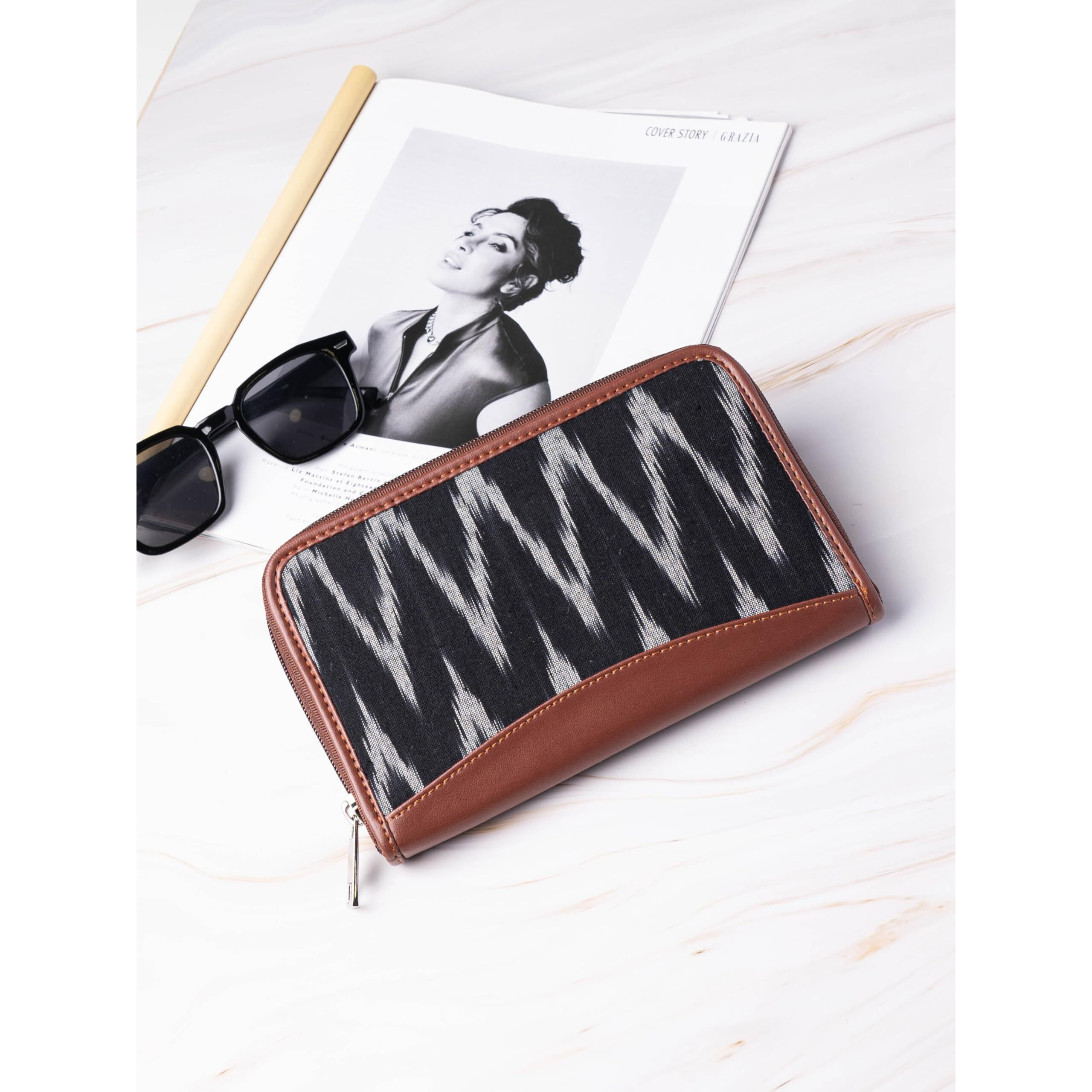 Zouk Ikat Wallets For Women - Handmade Wallets For Females - Vegan Leather And Ikat Purse For Ladies - Clutch With Indian Print - Wallets For Mobile Phones - Ikat Wave Print, Black