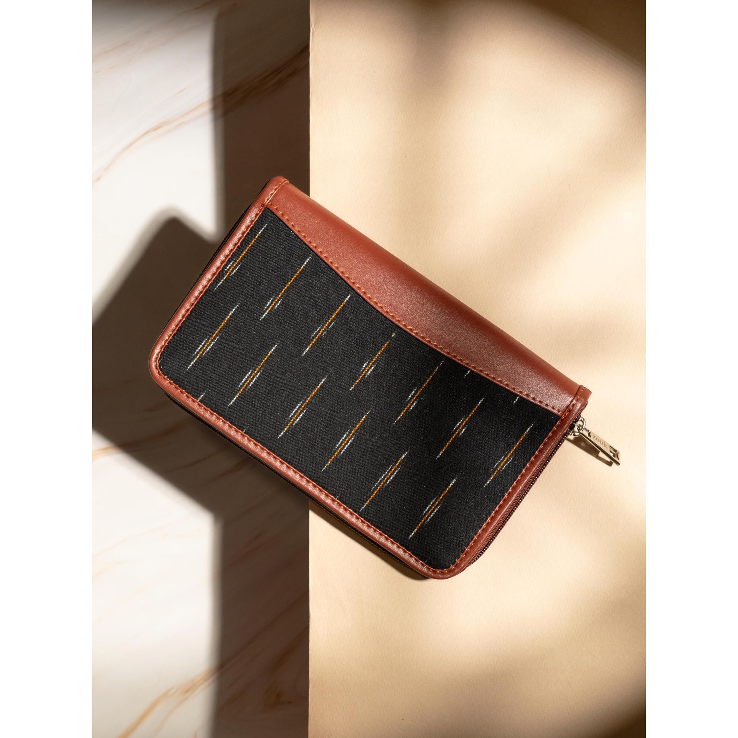 Zouk Brown Ikat Wallets For Women - Handmade Wallets For Females - Vegan Leather And Ikat Purse For Ladies - Clutch With Indian Print - Wallets For Mobile Phones - Ikat Grere Print