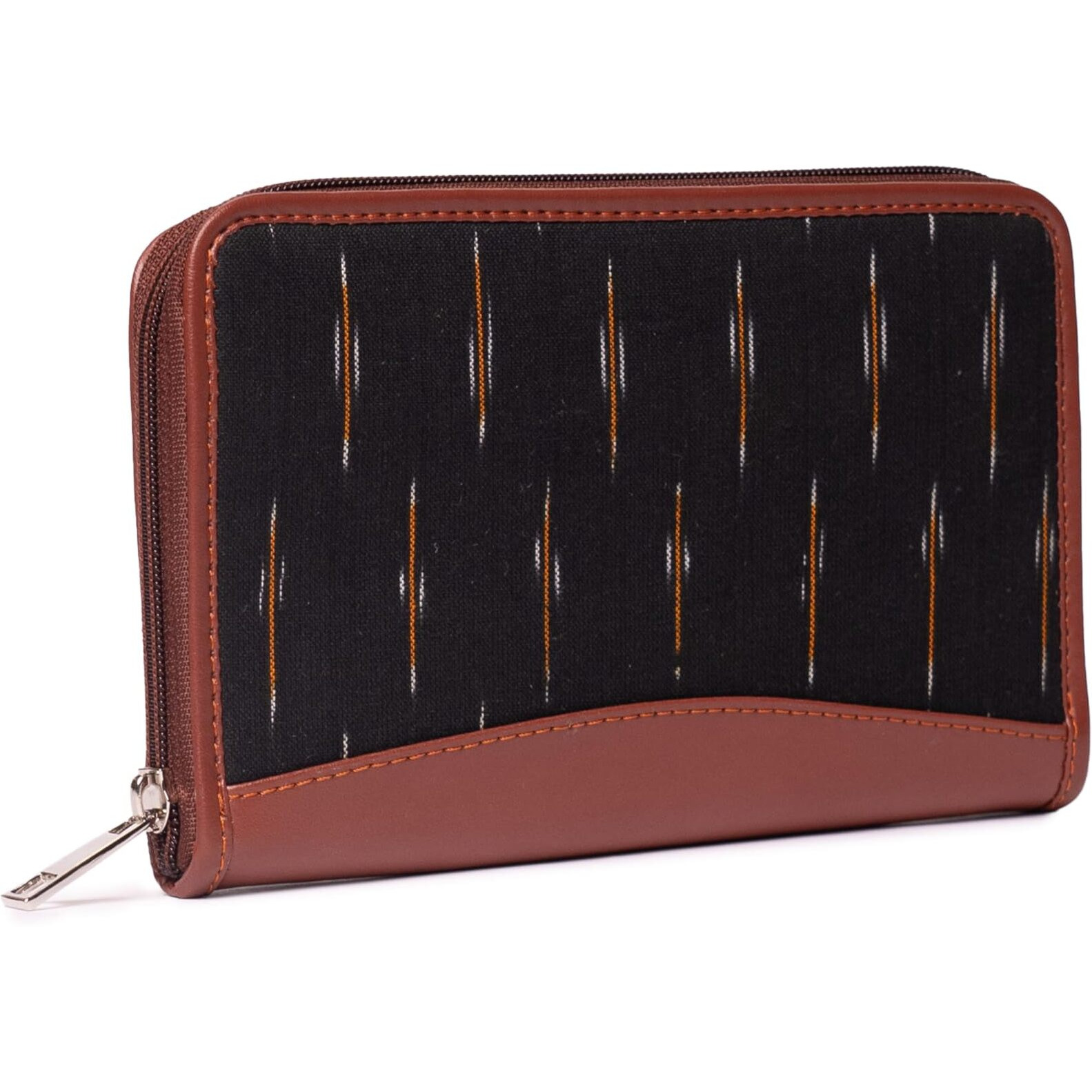 Zouk Brown Ikat Wallets For Women - Handmade Wallets For Females - Vegan Leather And Ikat Purse For Ladies - Clutch With Indian Print - Wallets For Mobile Phones - Ikat Grere Print