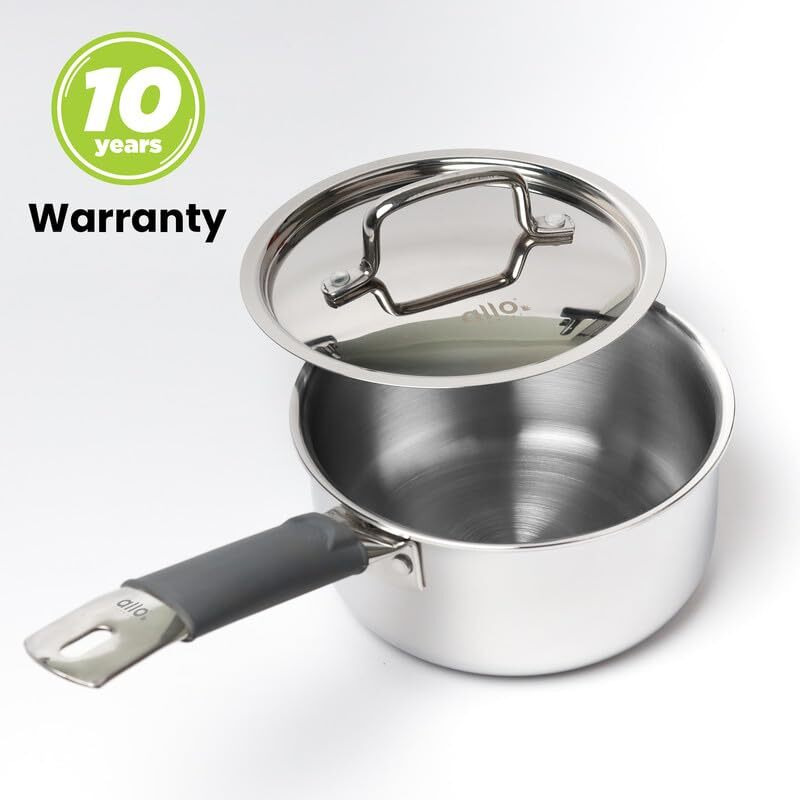 Allo Triply Stainless Steel Sauce Triply Tea Pan/Milkpan, For Chai/Boil/Warm/Herb-Spice-Infusion, Heat Resist Handle With Lid Induction Friendly Naturally Non-Stick,10 Years Warranty, 18Cm, 2.3 Litres