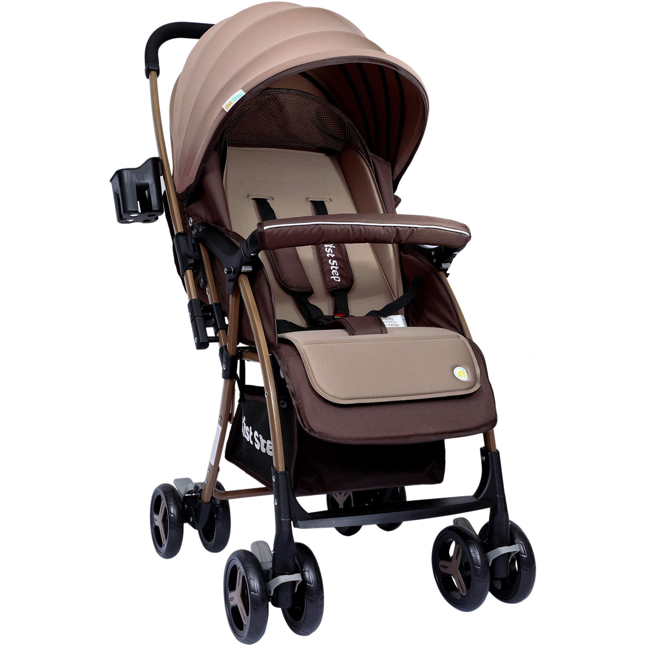 1St Step Caramel Baby Pram Cum Stroller With 5 Point Safety Harness/Infinitely Reclining And Cushioned Seat/Reversible Handle/Front Swivel Wheels - Coffee Brown