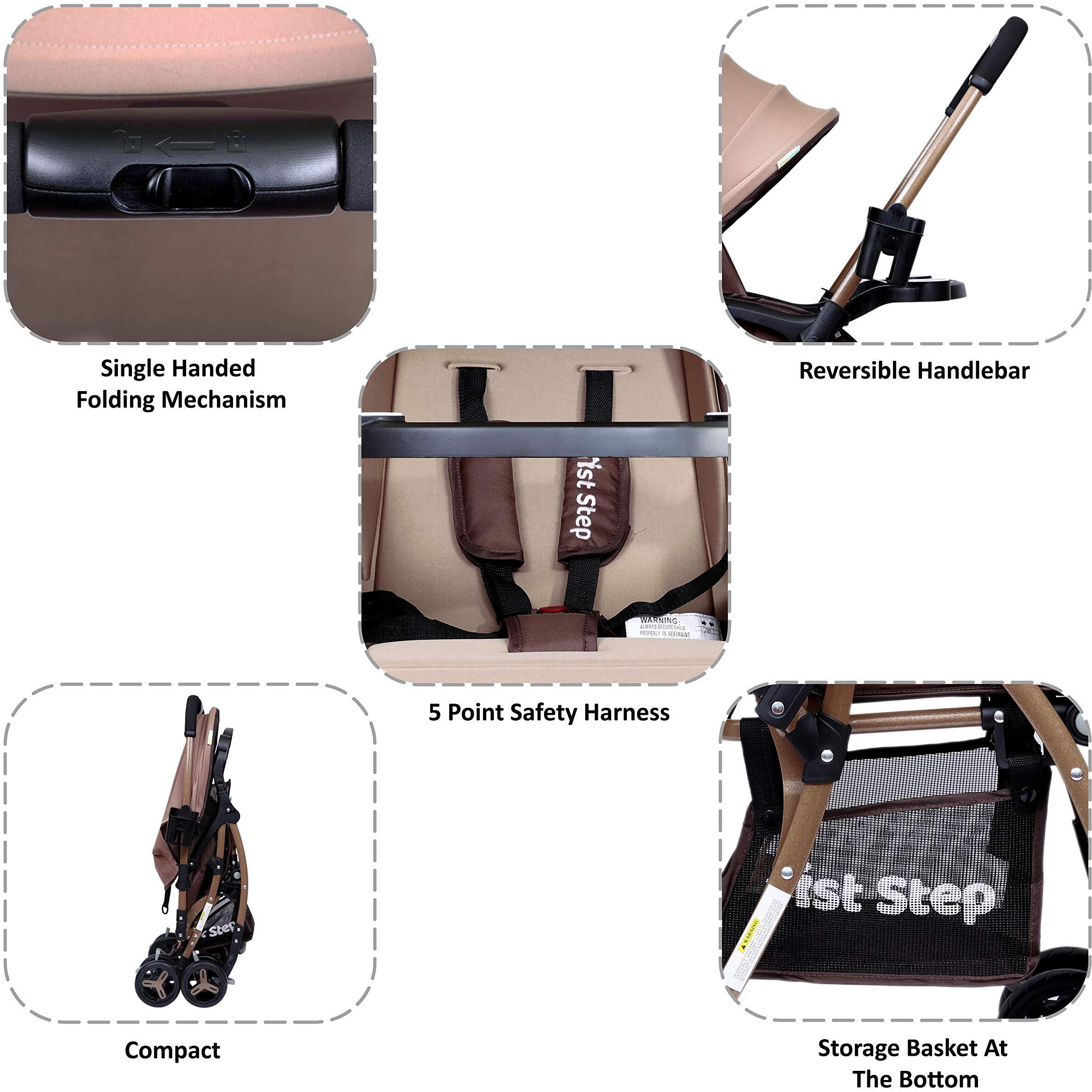 1St Step Caramel Baby Pram Cum Stroller With 5 Point Safety Harness/Infinitely Reclining And Cushioned Seat/Reversible Handle/Front Swivel Wheels - Coffee Brown