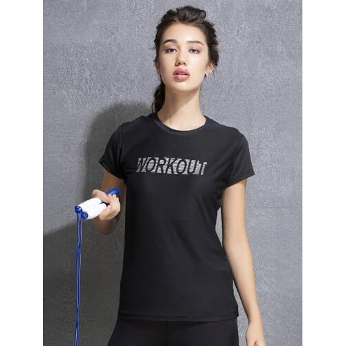 Clovia Women's Gym/Sports Text Print Activewear T-Shirt (At0112P13_Black_Xxl)