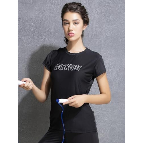 Clovia Women's Gym/Sports Text Print Activewear T-Shirt (At0112P13_Black_Xxl)