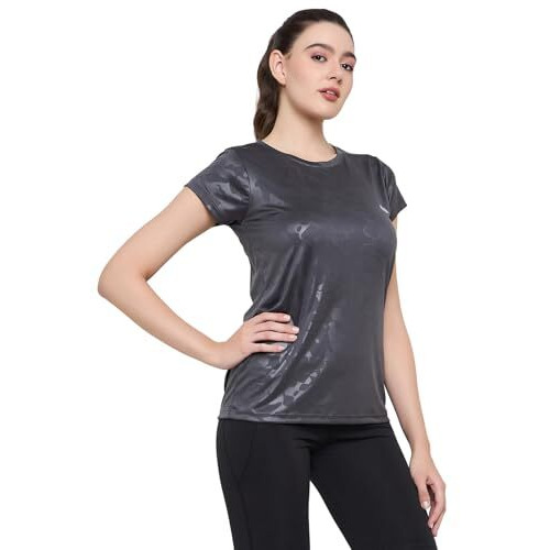 Clovia Women's Polyester Activewear Short Sleeve Sports T-Shirt (At0124A01_Grey_L)