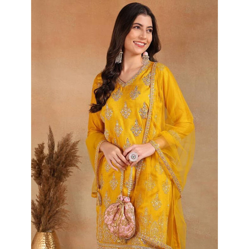 Vaamsi Women's Silk Blend Embroidered Straight Kurta Palazzo With Dupatta With Cotton Inner (Pkskd1871_Mustard_L)