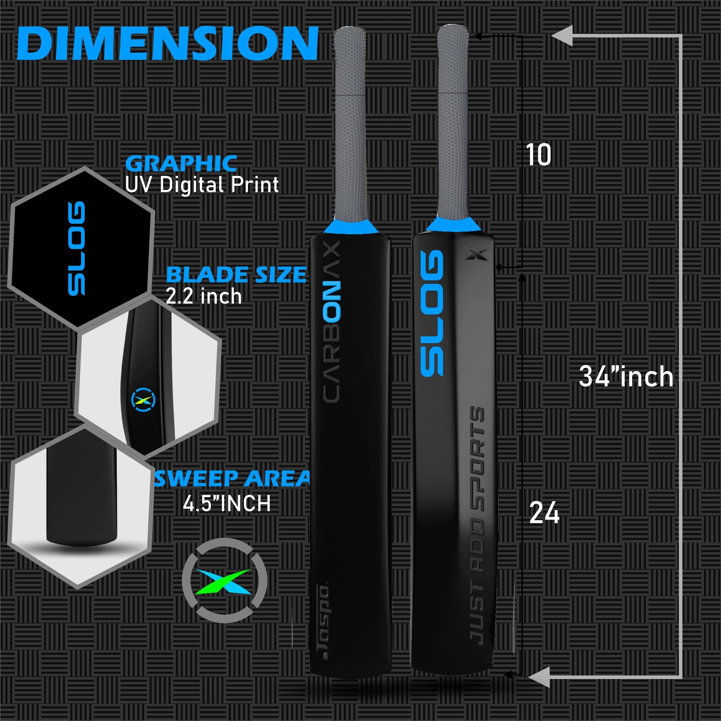 Jaspo Slog Carbonax Cricket Bat - 34 Inch Full Size, Pu Filled Plastic Bat,Hdpe Construction, Enhanced Durability, Vibration Control, Shock Absorption, Skill Levels (Slog Carbonax)