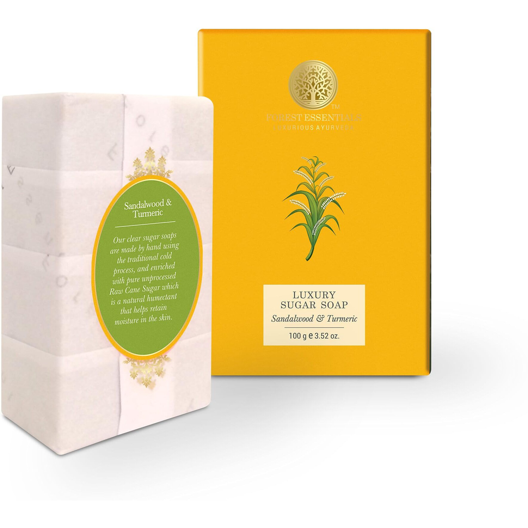 Forest Essentials Luxury Sugar Soap | Sandalwood & Turmeric | Ayurvedic Handmade Organic Bath Soap| Scented Soap For Smooth & Soft Skin | Made With Raw Cane Sugar