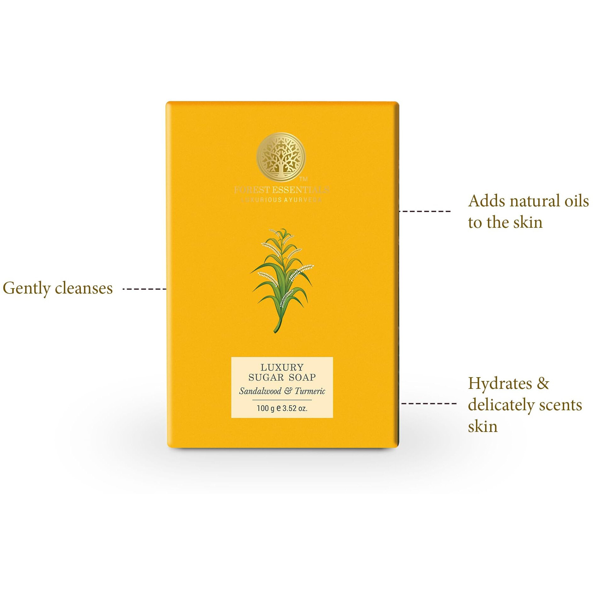 Forest Essentials Luxury Sugar Soap | Sandalwood & Turmeric | Ayurvedic Handmade Organic Bath Soap| Scented Soap For Smooth & Soft Skin | Made With Raw Cane Sugar