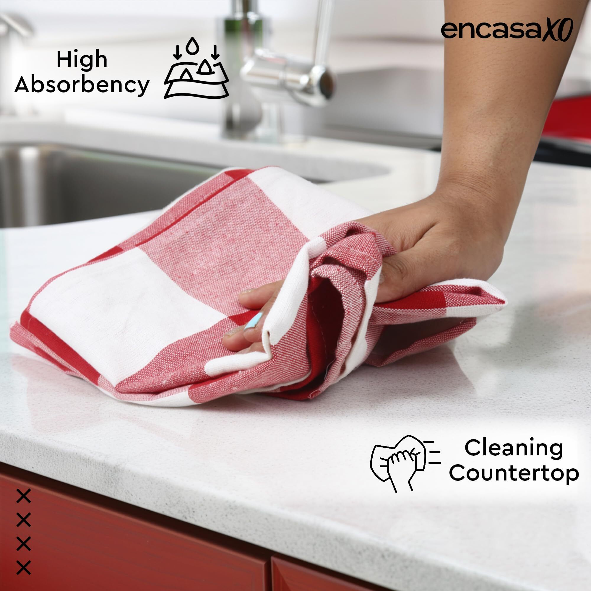 Encasa Xo Kitchen Cloth For Cooking | Cotton Hand Towel For Drying Dishes | 70X45 Cm Tea Towels | Highly Absorbent For Cleaning & Quick Drying Of Plates | Buffalo Red Checks (Set Of 4 Pieces)