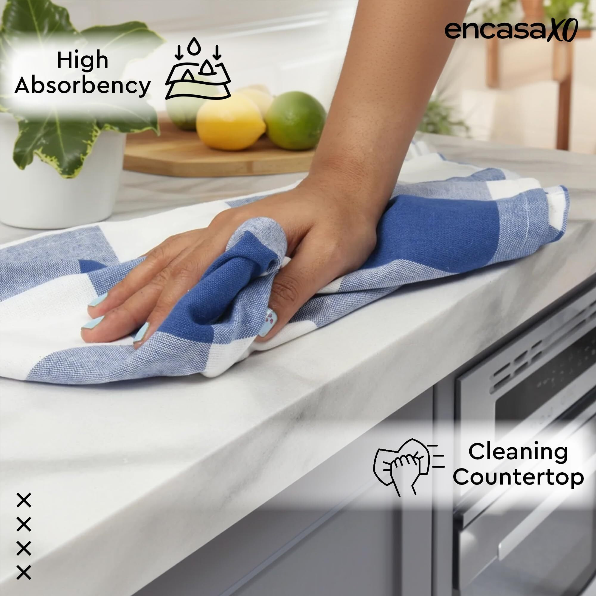 Encasa Xo Kitchen Cloth For Cooking | Cotton Hand Towel For Drying Dishes | 70X45 Cm Tea Towels | Highly Absorbent For Cleaning & Quick Drying Of Plates | Buffalo Blue Checks (Set Of 4 Pieces)