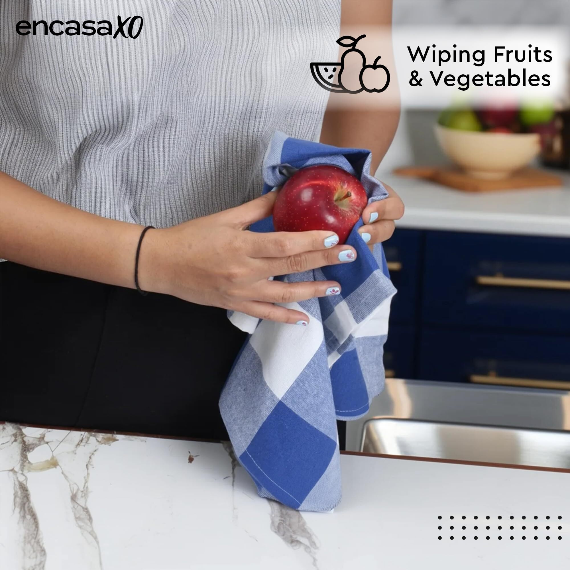 Encasa Xo Kitchen Cloth For Cooking | Cotton Hand Towel For Drying Dishes | 70X45 Cm Tea Towels | Highly Absorbent For Cleaning & Quick Drying Of Plates | Buffalo Blue Checks (Set Of 4 Pieces)