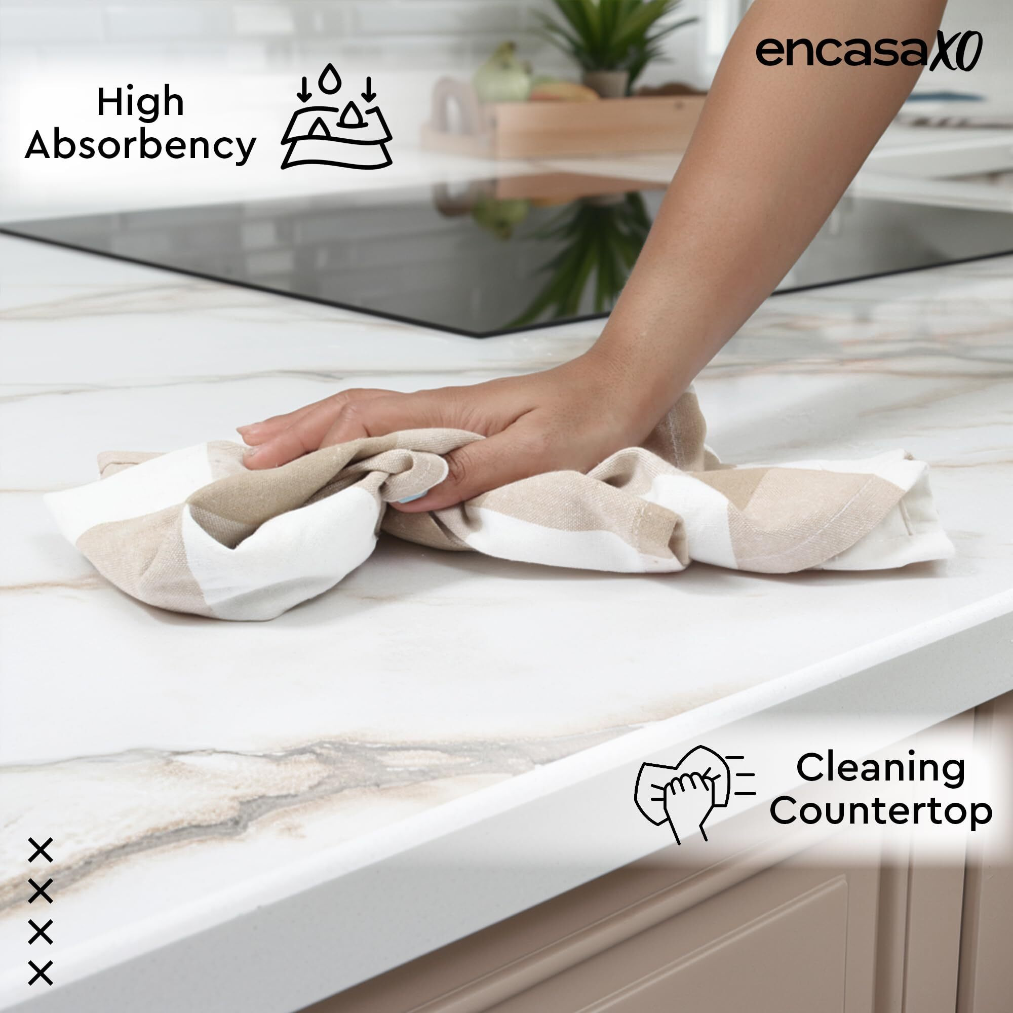 Encasa Xo Kitchen Cloth For Cooking | Cotton Hand Towel For Drying Dishes | 70X45 Cm Tea Towels | Highly Absorbent For Cleaning & Quick Drying Of Plates | Buffalo Beige Checks (Set Of 4 Pieces)