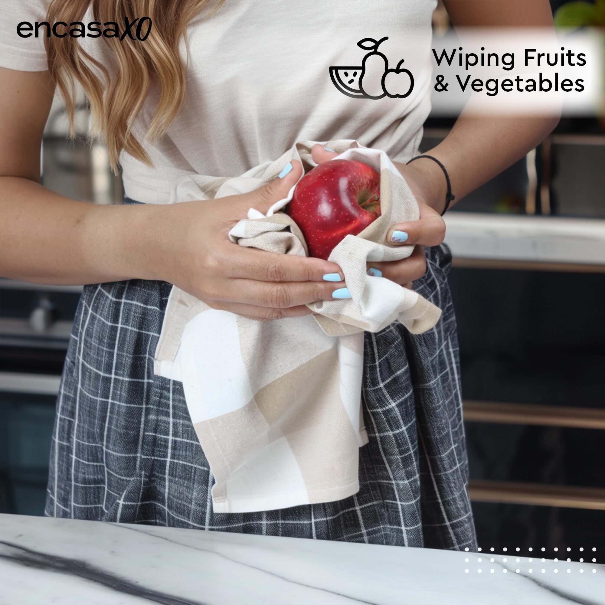 Encasa Xo Kitchen Cloth For Cooking | Cotton Hand Towel For Drying Dishes | 70X45 Cm Tea Towels | Highly Absorbent For Cleaning & Quick Drying Of Plates | Buffalo Beige Checks (Set Of 4 Pieces)