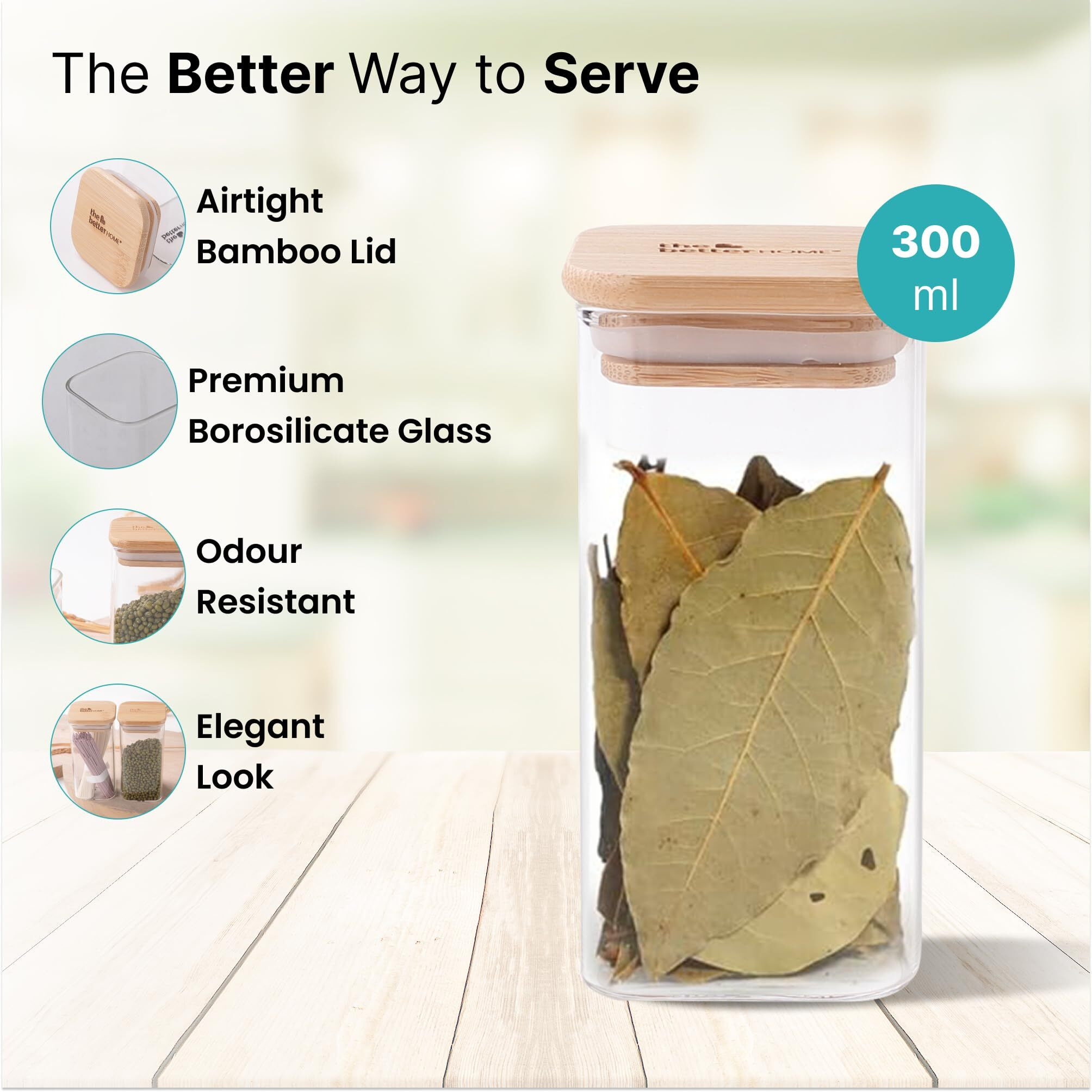 The Better Home Pack Of 4 Borosilicate Glass Jars With Bamboo Lid | 300Ml Each | Rectangular Spice Jars | Airtight Borosilicate Kitchen Containers Set | Glass Jars For Spices, Dry Fruits, Sugar, Salt