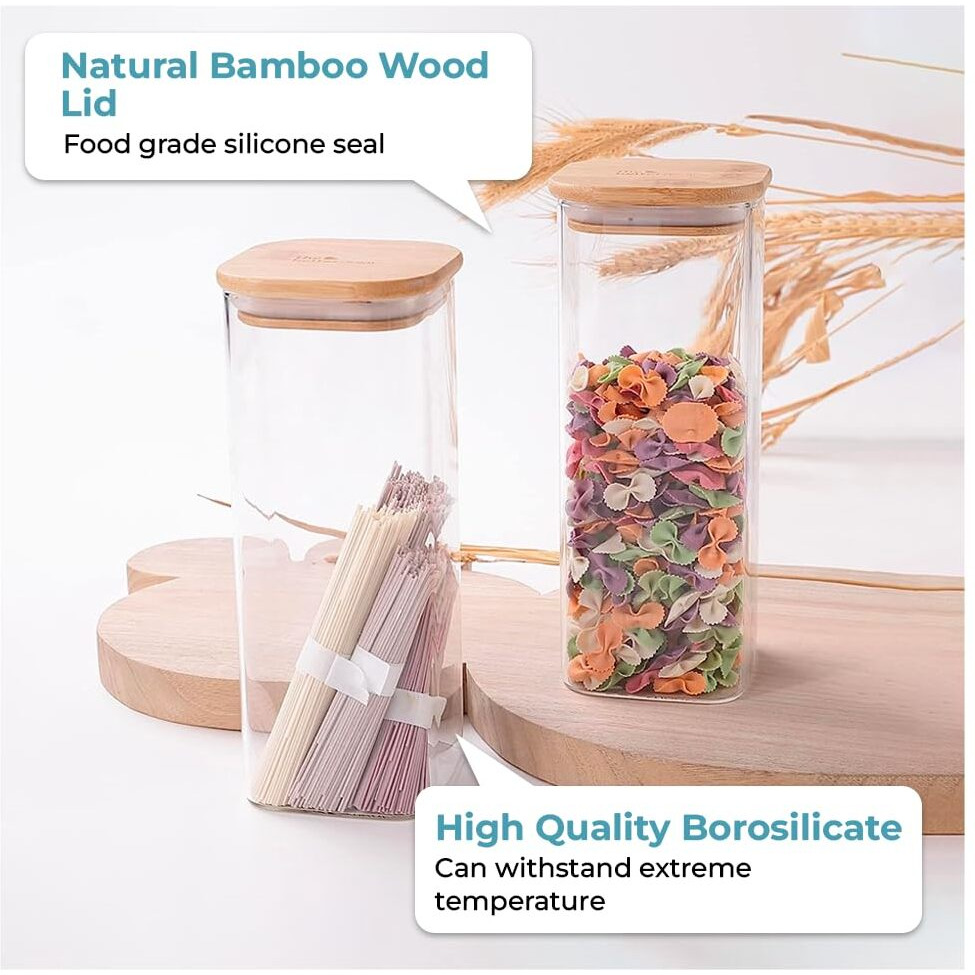 The Better Home Pack Of 4 Borosilicate Glass Jars With Bamboo Lid I Rectangular Transparent Airtight Borosilicate Kitchen Containers Set | Glass Jars For Cookies Snacks Tea Coffee Sugar | 600 Ml Each