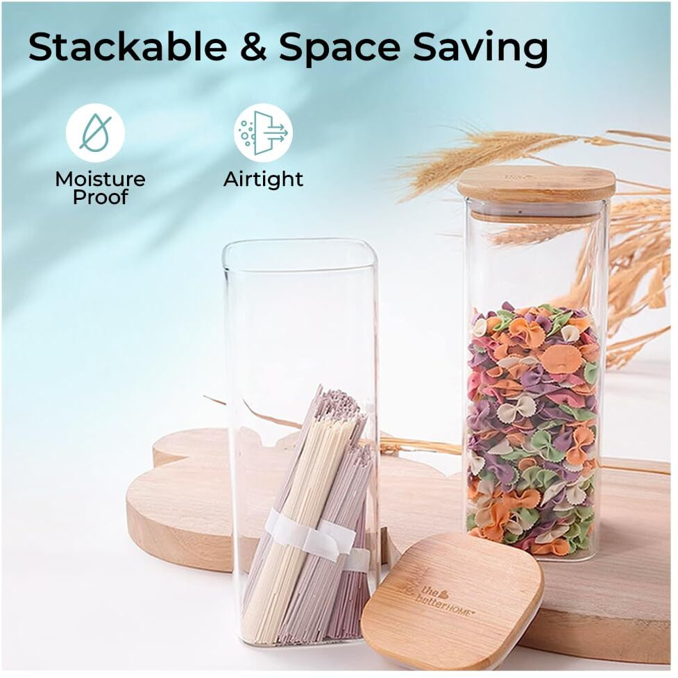 The Better Home Pack Of 4 Borosilicate Glass Jars With Bamboo Lid I Rectangular Transparent Airtight Borosilicate Kitchen Containers Set | Glass Jars For Cookies Snacks Tea Coffee Sugar | 600 Ml Each