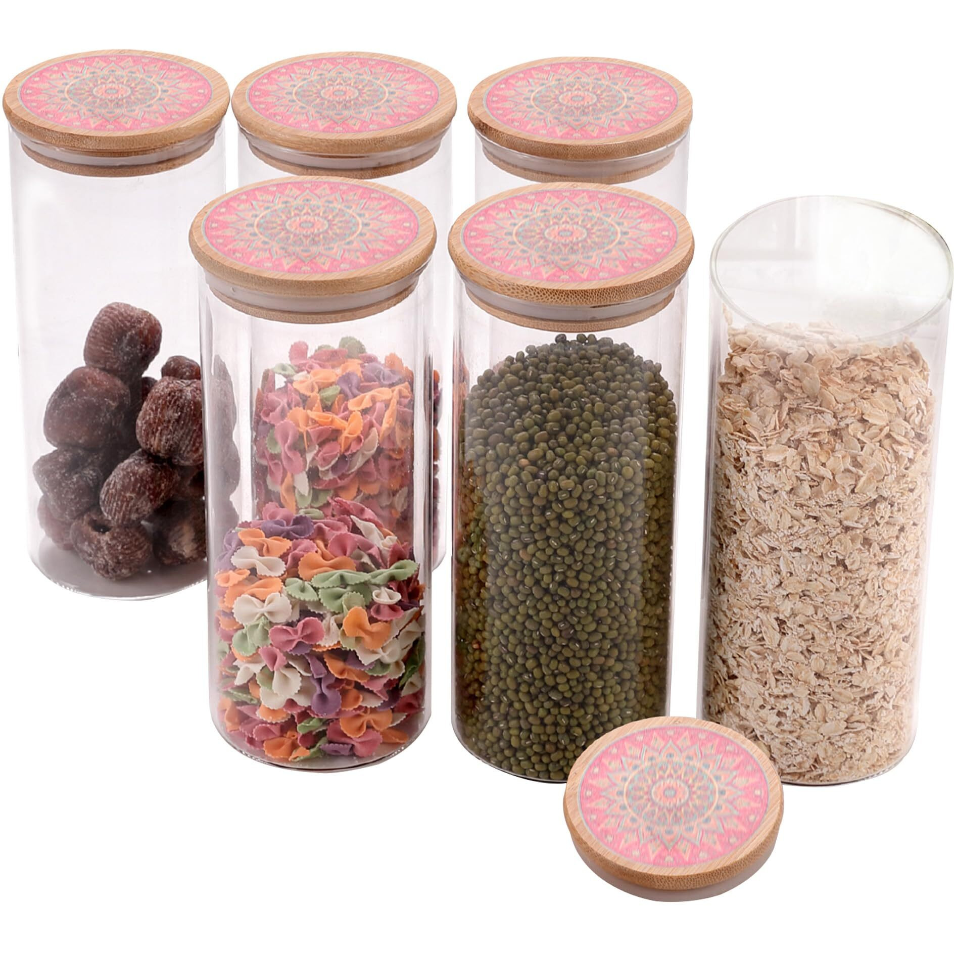 The Better Home Pack Of 6 Kitchen Containers Set Borosilicate Glass Jars With Printed Bamboo Lids I Multipurpose Airtight Storage Jars For Cookies, Snacks, Spices I 1000Ml Each |