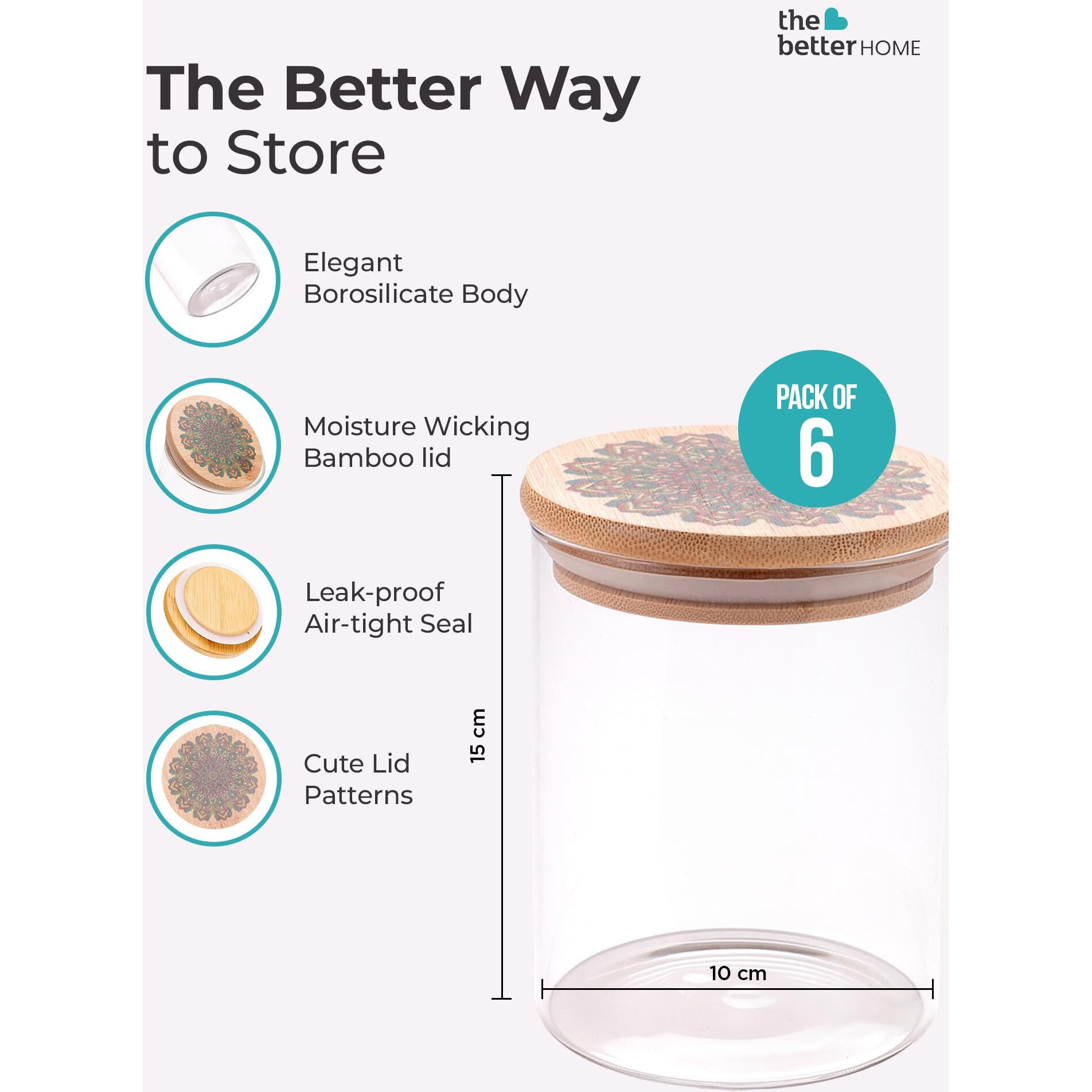 The Better Home Borosilicate Kitchen Jars & Containers Set With Lid (6Pcs - 1L Each) | Airtight Bamboo Lid | Jar For Kitchen Storage Box | Jars For Cookies, Snack, Spices, Tea, Coffee (Green)